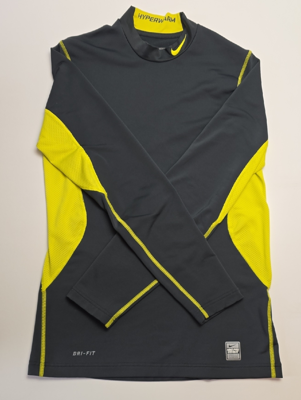 Nike Pro Combat Black/Yellow Dri Fit Top Training Stretch Gym Long Sleeve Shirt - Picture 1 of 7